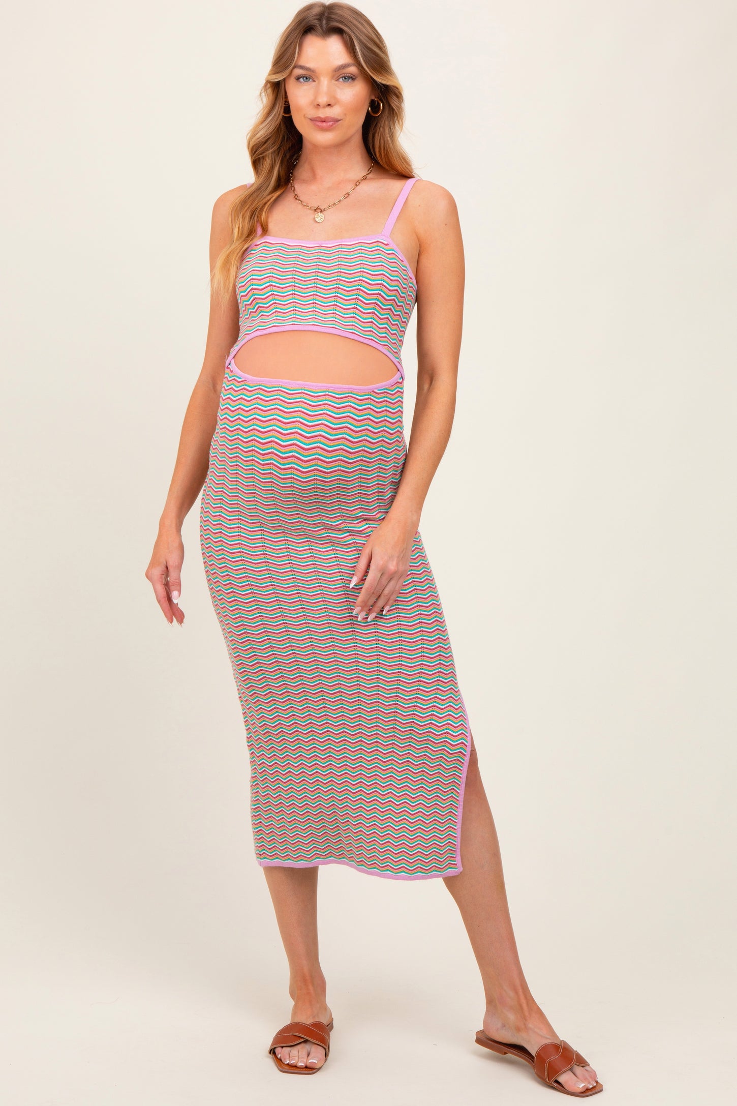 Pink Chevron Knit Cutout Fitted Maternity Midi Dress Pink Chevron Knit Cutout Fitted Maternity Midi Dress