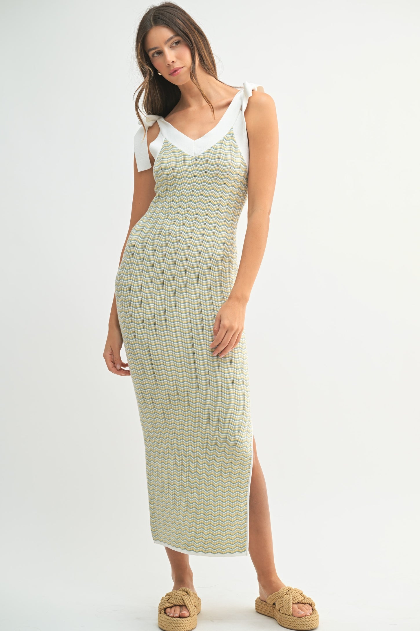 Light Olive Chevron Knit Shoulder Tie Midi Dress PinkBlush Light Olive Chevron Knit Shoulder Tie Midi Dress PinkBlush