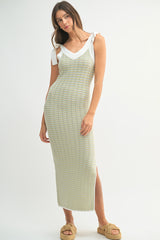 Light Olive Chevron Knit Shoulder Tie Midi Dress