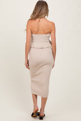 Cream Strapless Ribbed Knit Peplum Top Midi Skirt Maternity Set