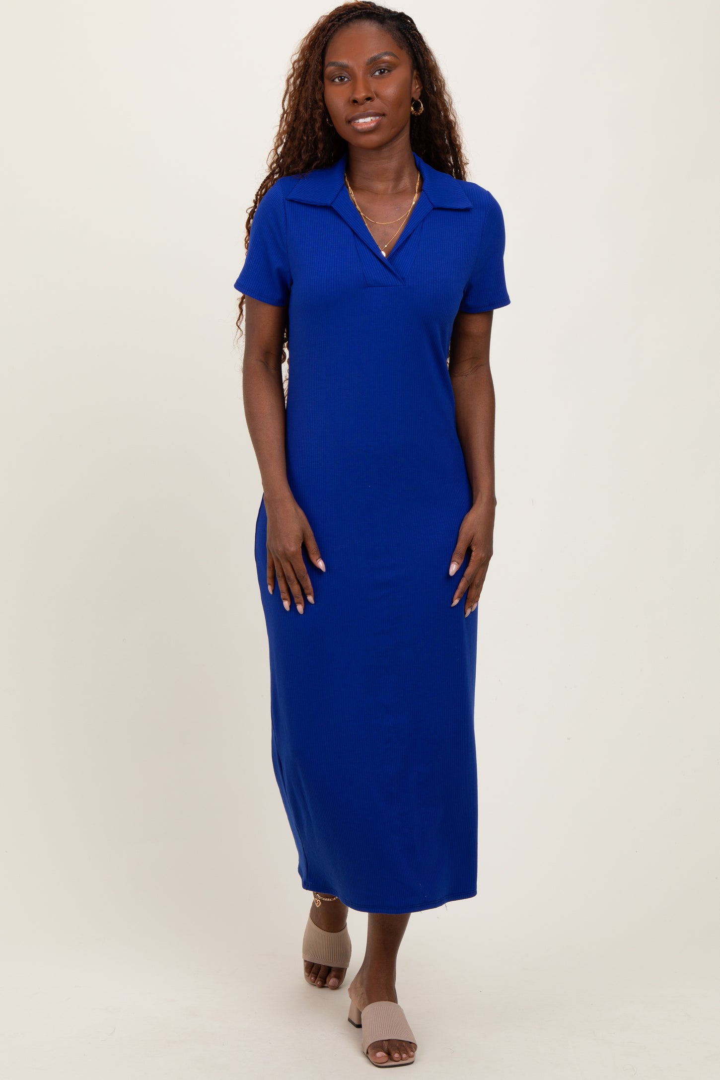 Royal Blue Ribbed Knit Polo Midi Dress PinkBlush Royal Blue Ribbed Knit Polo Midi Dress PinkBlush
