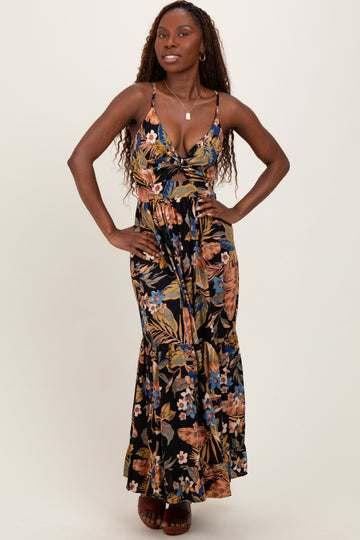 Black Tropical Print Twist Front Cutout Maxi Dress