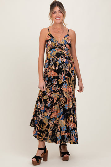 Black Tropical Print Twist Front Cutout Maternity Maxi Dress