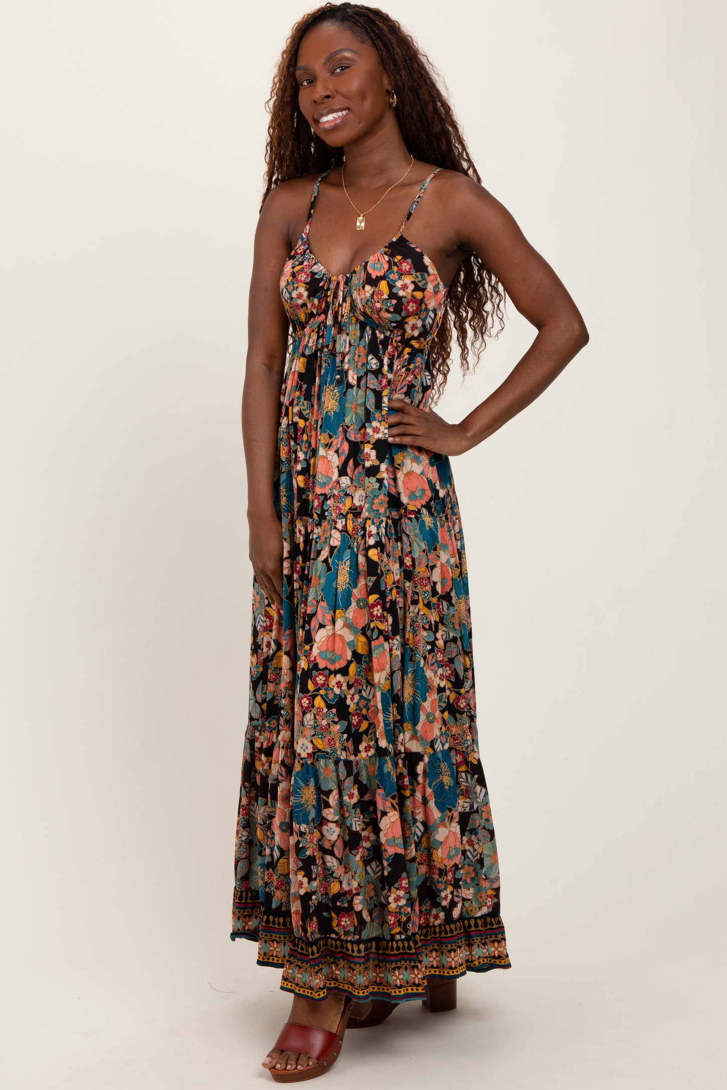 Black Floral Front Tie Tiered Maxi Dress