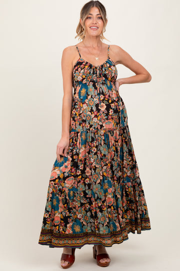 Black Floral Front Tie Tiered Maternity Maxi Dress
