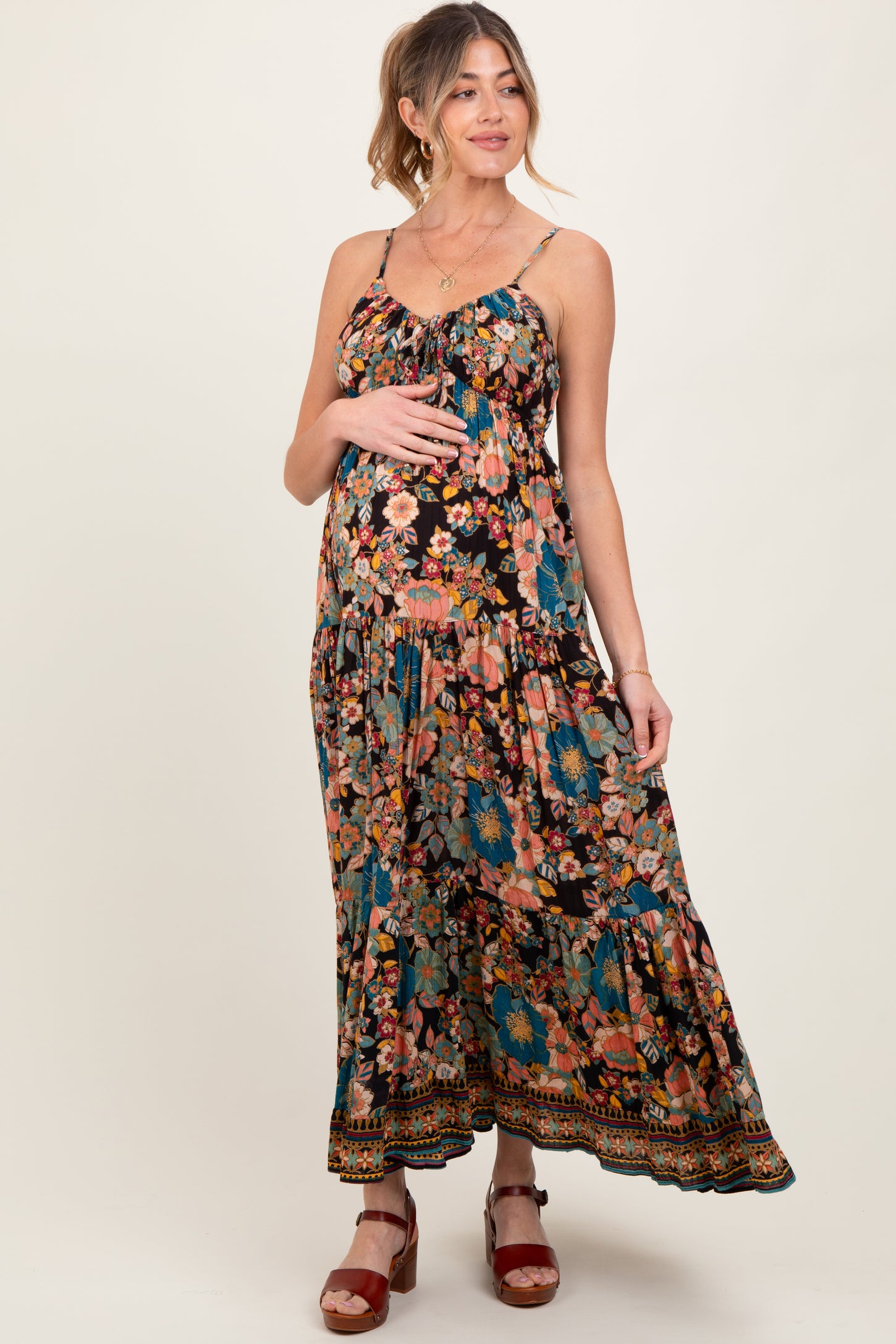 Black Floral Front Tie Tiered Maternity Maxi Dress