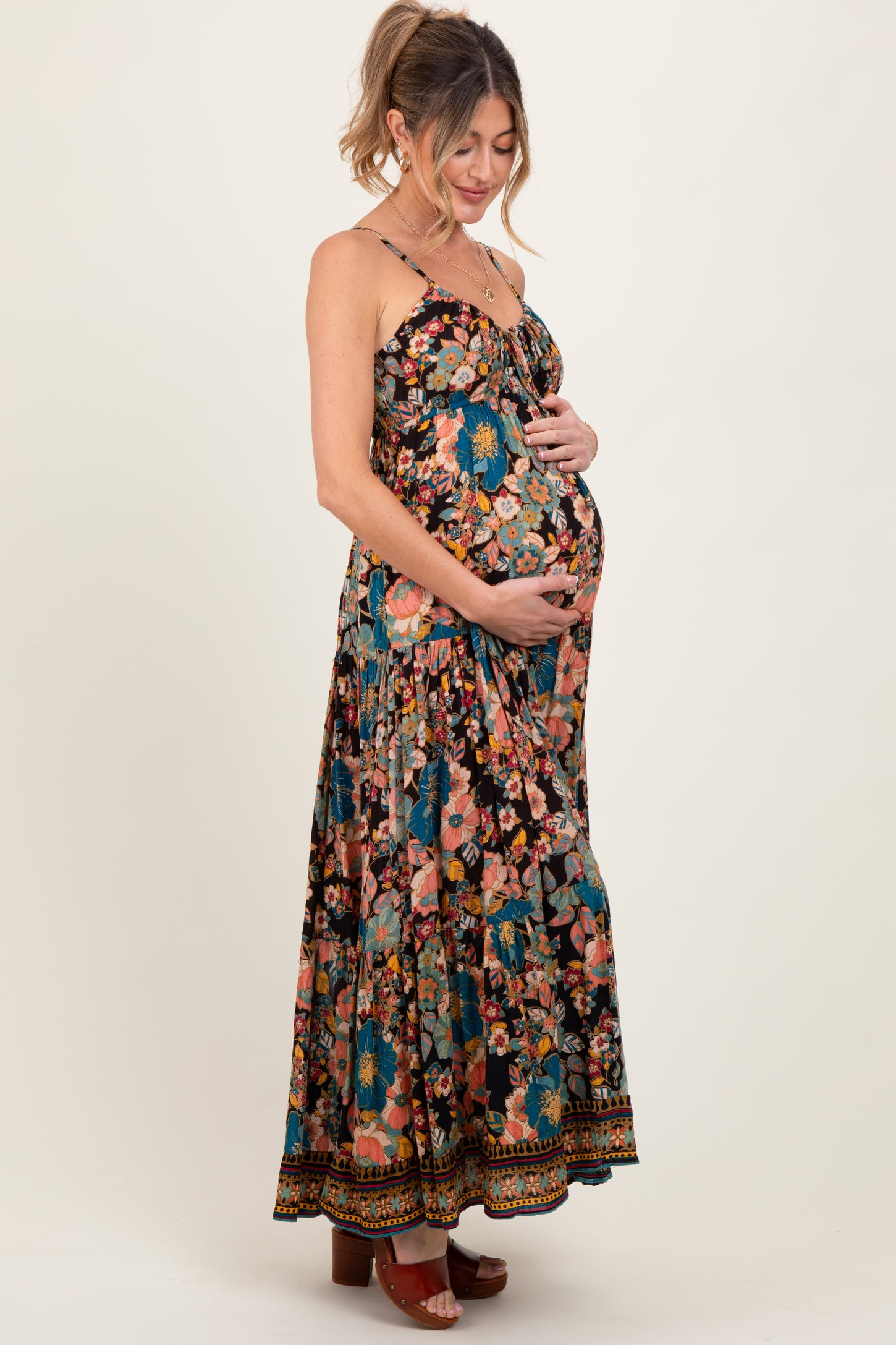 Black Floral Front Tie Tiered Maternity Maxi Dress