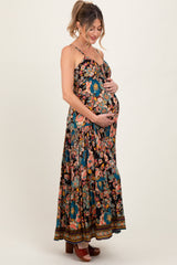 Black Floral Front Tie Tiered Maternity Maxi Dress