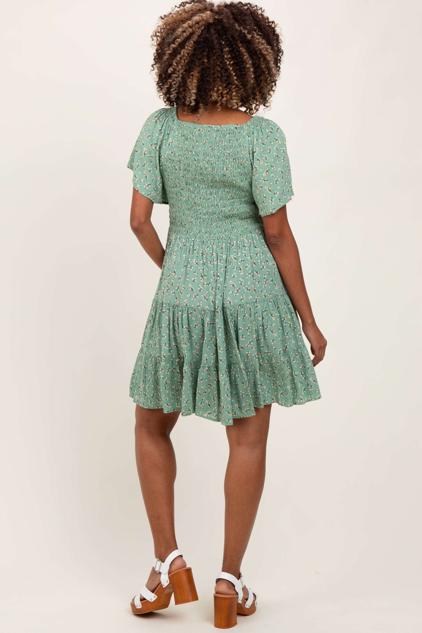 Light Olive Floral Smocked V-Neck Maternity Mini Dress