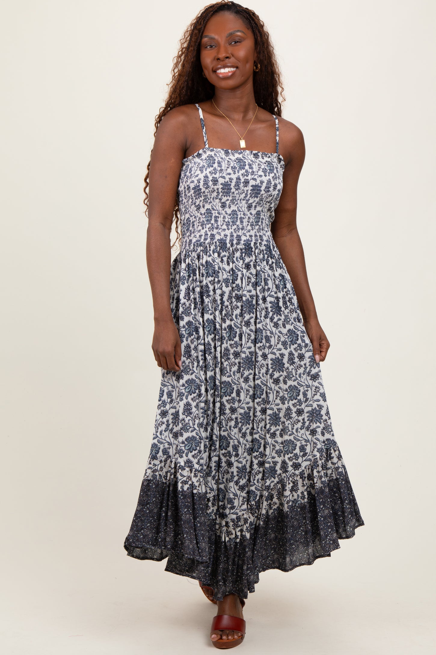 Navy Blue Floral Smocked Handkerchief Hem Maxi Dress