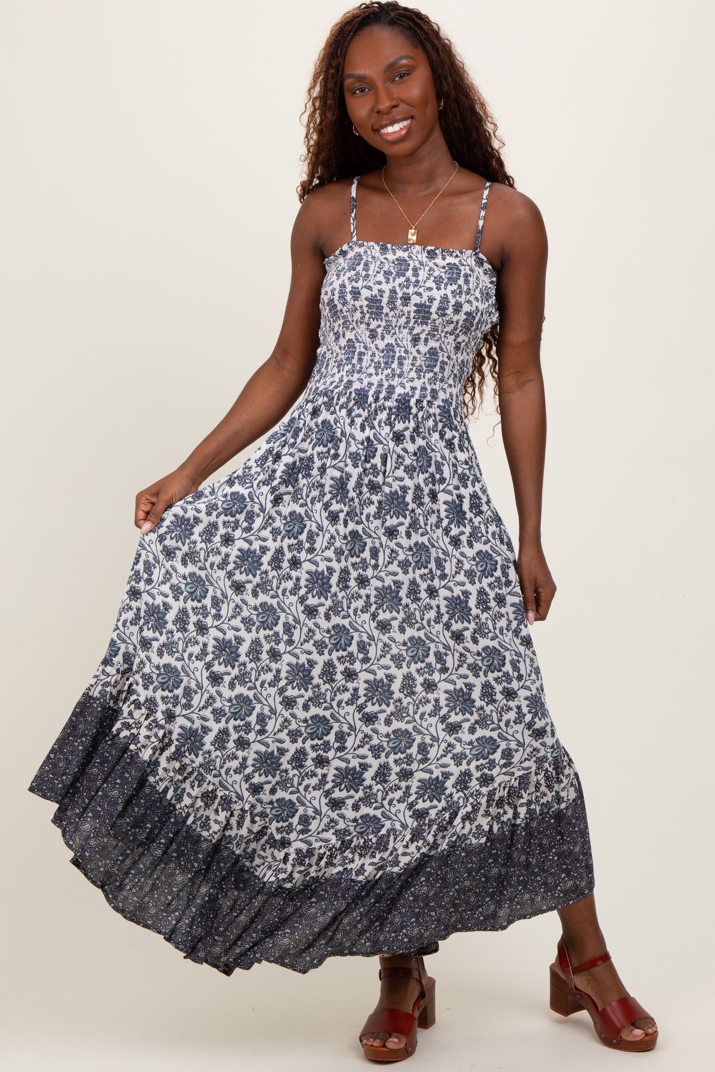 Navy Blue Floral Smocked Handkerchief Hem Maxi Dress