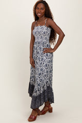 Navy Blue Floral Smocked Handkerchief Hem Maxi Dress