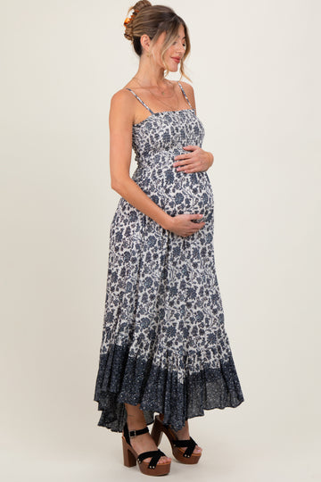 Navy Blue Floral Smocked Handkerchief Hem Maternity Maxi Dress