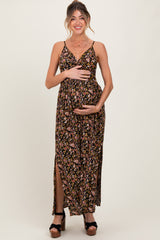 Black Floral Twist Front Cutout Maternity Maxi Dress