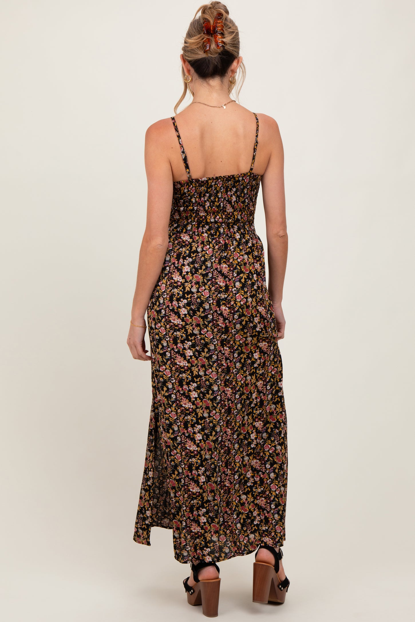 Black Floral Twist Front Cutout Maternity Maxi Dress