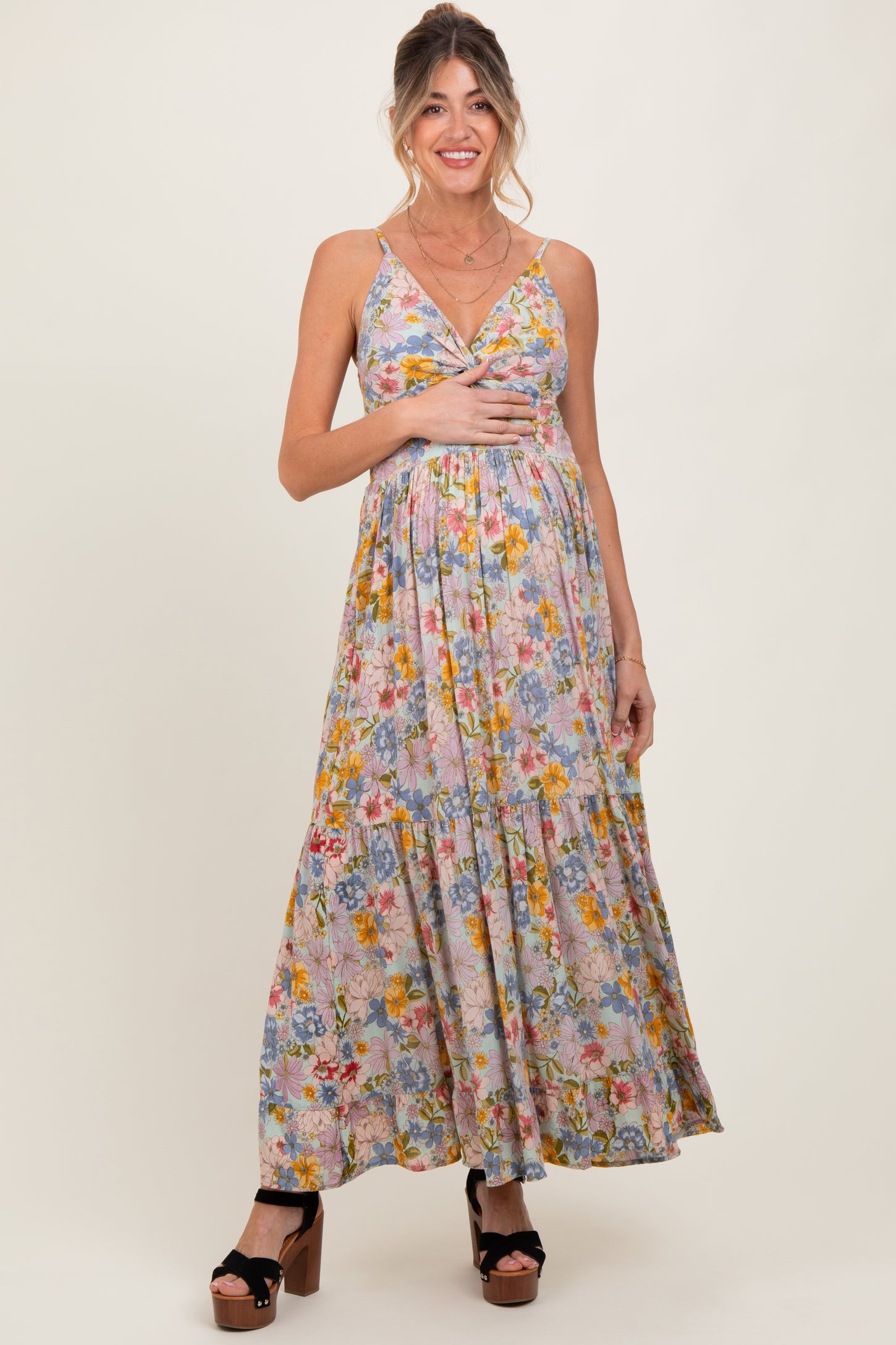 Mint Green Floral Twist Front Cutout Maternity Maxi Dress – PinkBlush