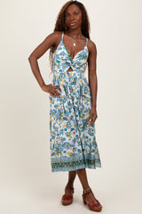 Blue Floral Border Print Cutout Midi Dress