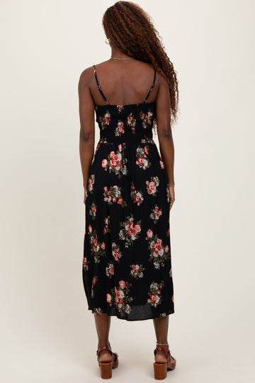 Black Rose Print Twist Front Cutout Midi Dress