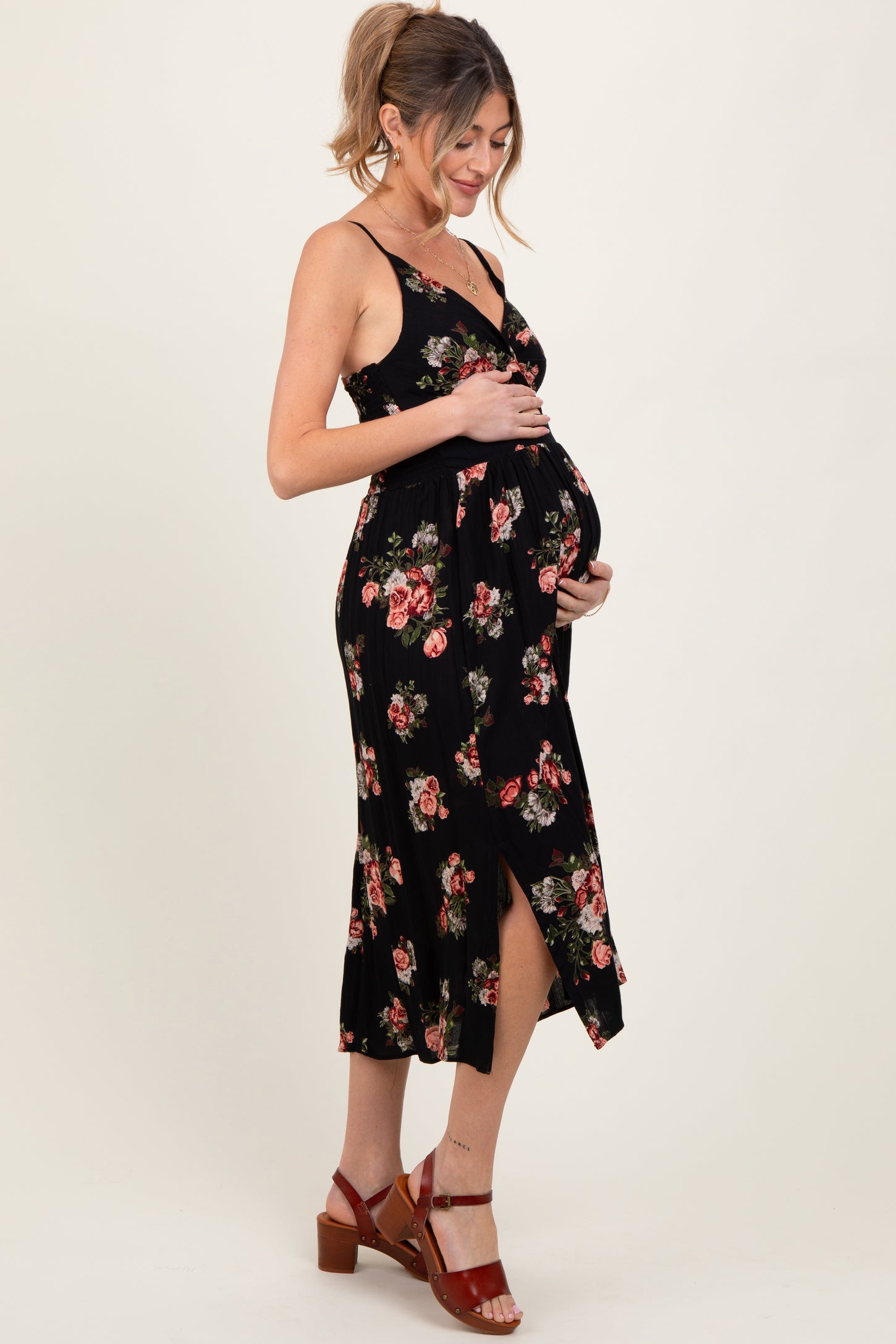 Black Rose Print Twist Front Cutout Maternity Midi Dress
