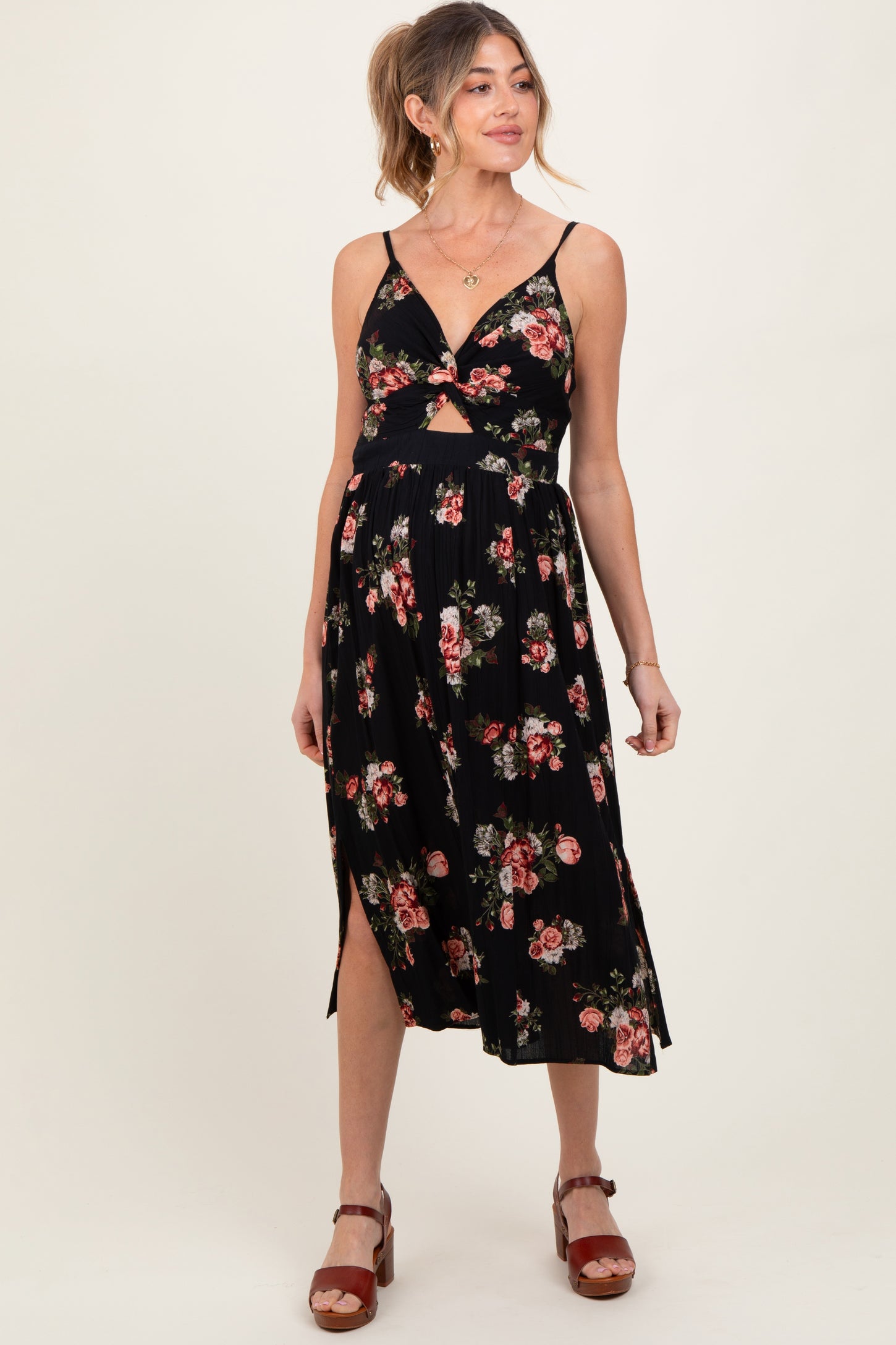 Black Rose Print Twist Front Cutout Maternity Midi Dress
