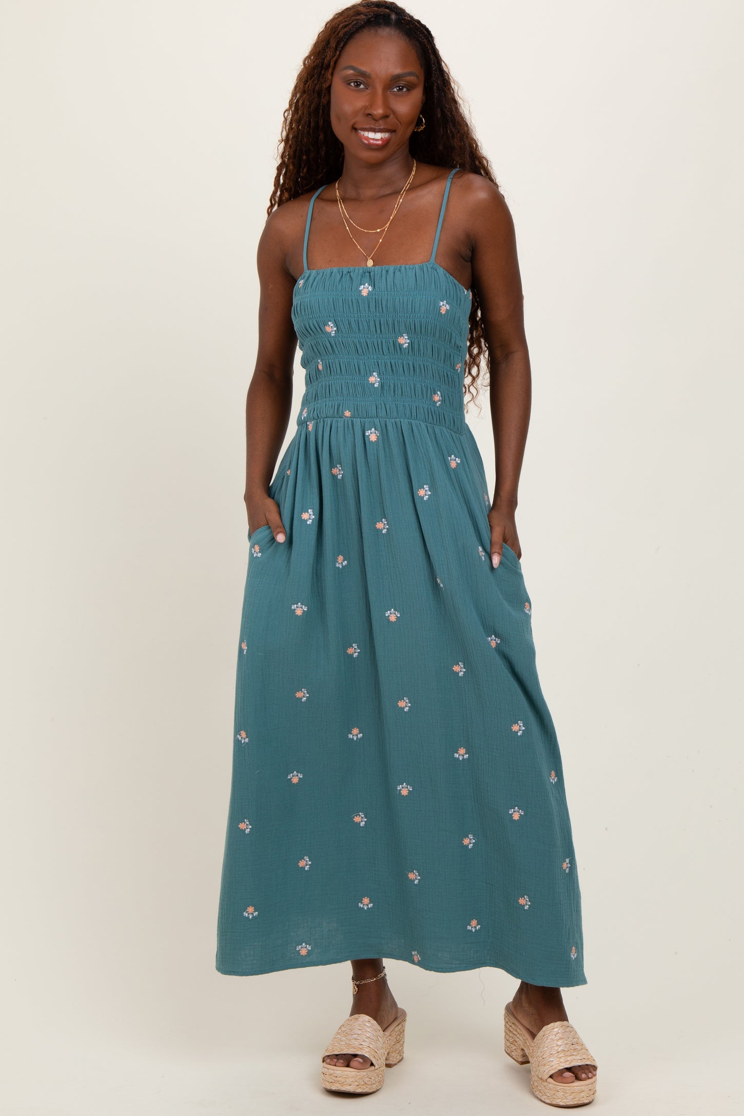 Light Teal Embroidered Floral Smocked Midi Dress