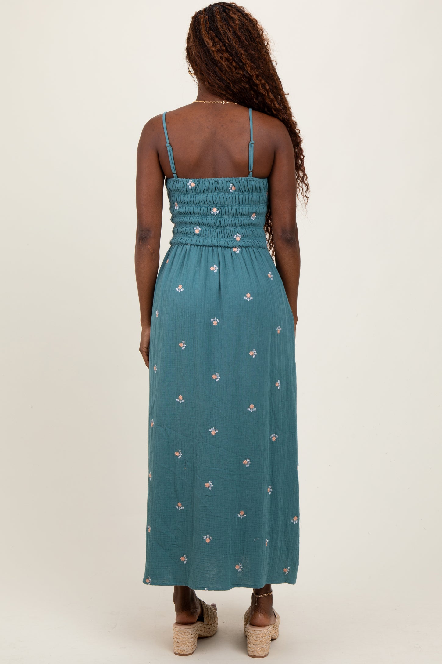 Light Teal Embroidered Floral Smocked Midi Dress