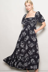 Black Rose Print Pleated Bodice Maxi Dress