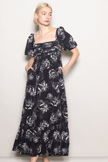 Black Rose Print Pleated Bodice Maxi Dress