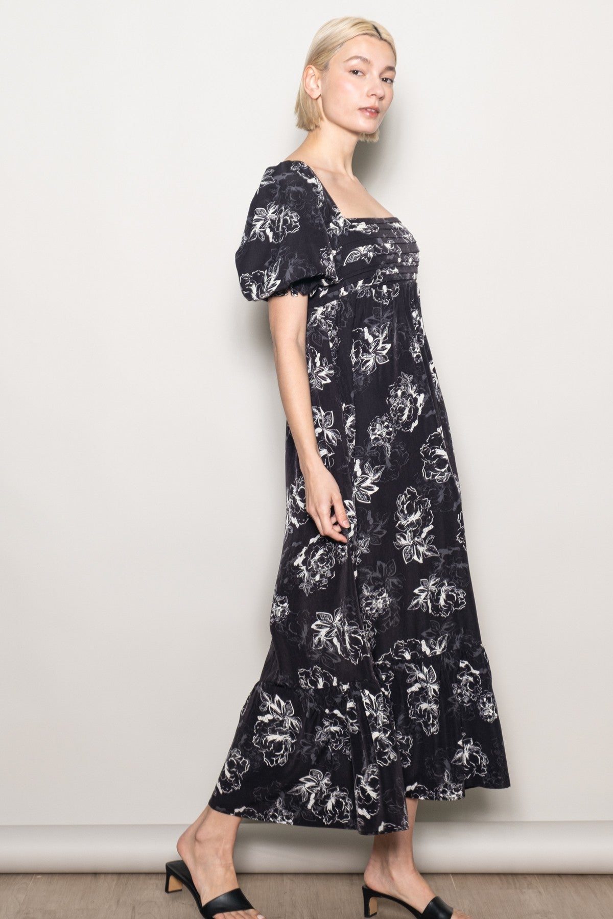Black Rose Print Pleated Bodice Maxi Dress