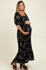 Black Rose Print Pleated Bodice Maternity Maxi Dress