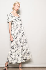 Ivory Rose Print Pleated Bodice Maxi Dress