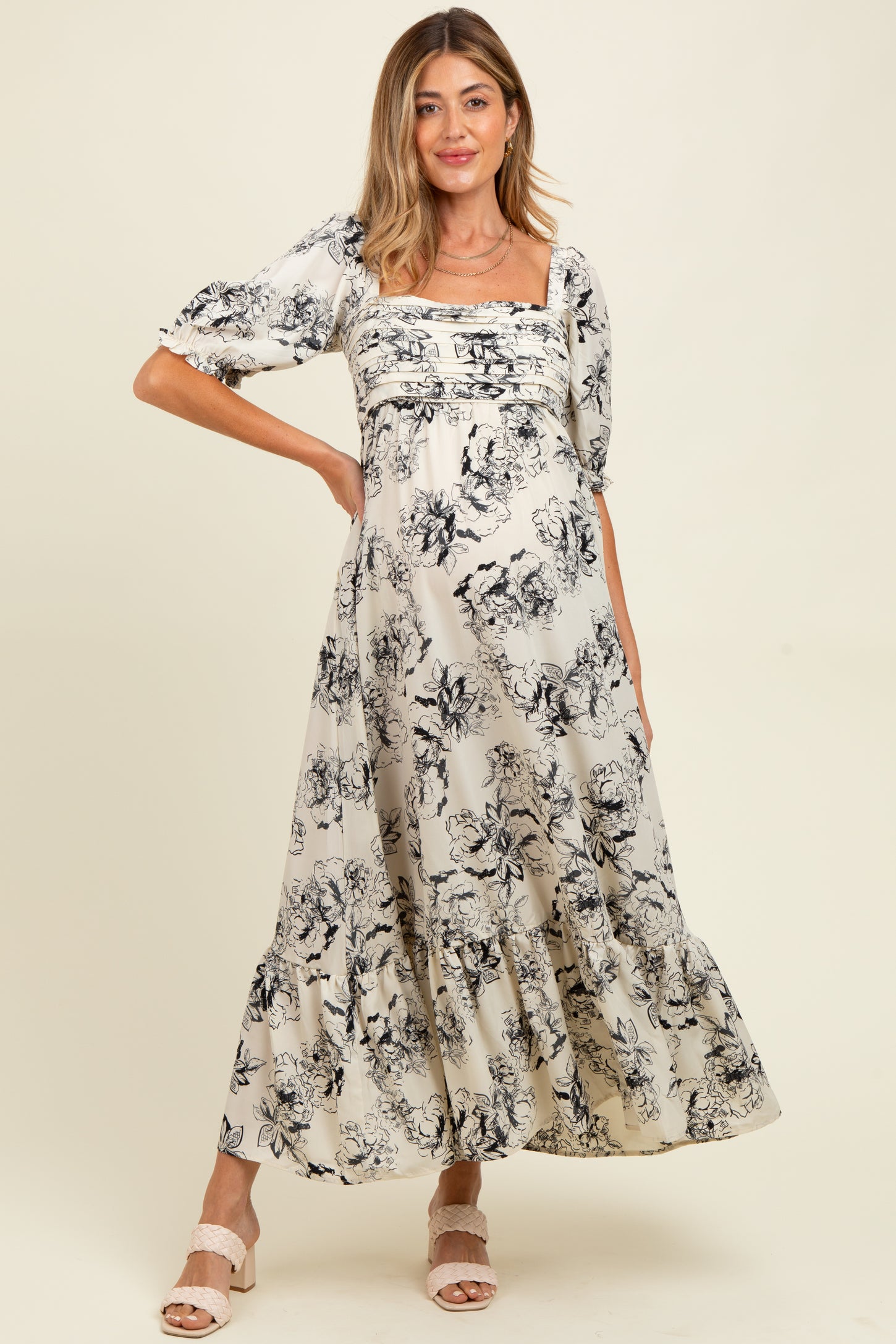 Ivory Rose Print Pleated Bodice Maternity Maxi Dress