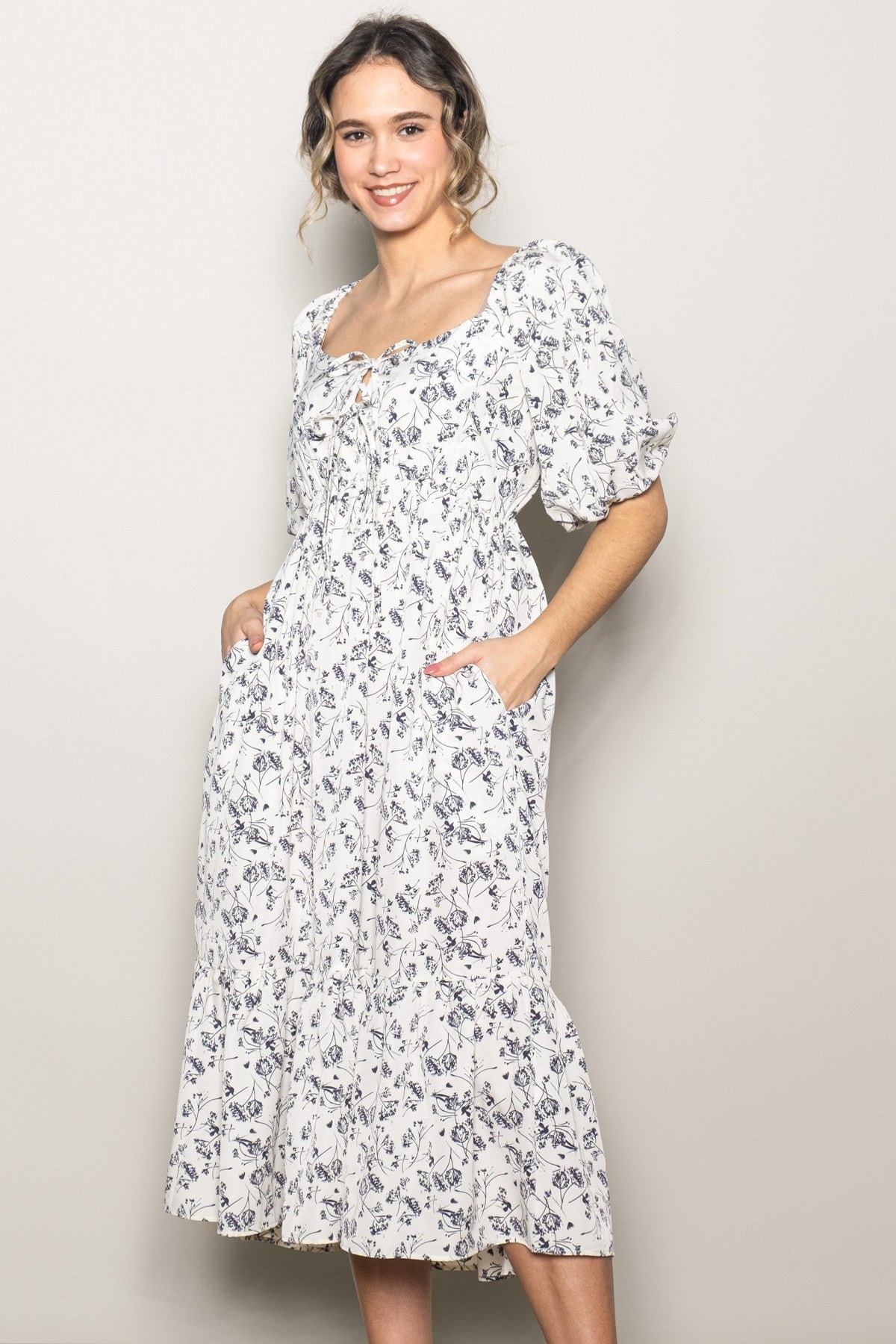 Ivory Floral Front Tie Puff Sleeve Maternity Midi Dress