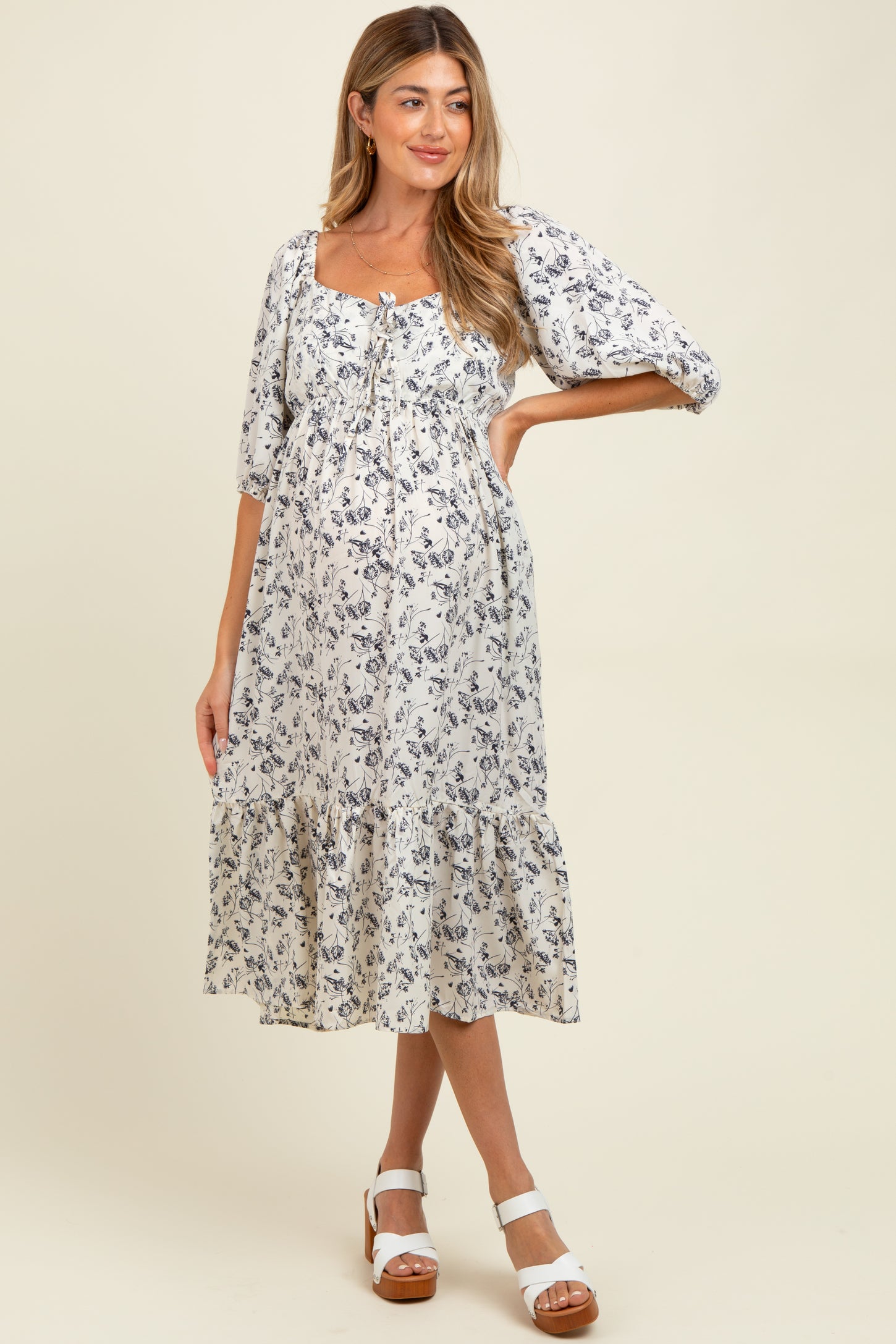 Ivory Floral Front Tie Puff Sleeve Maternity Midi Dress