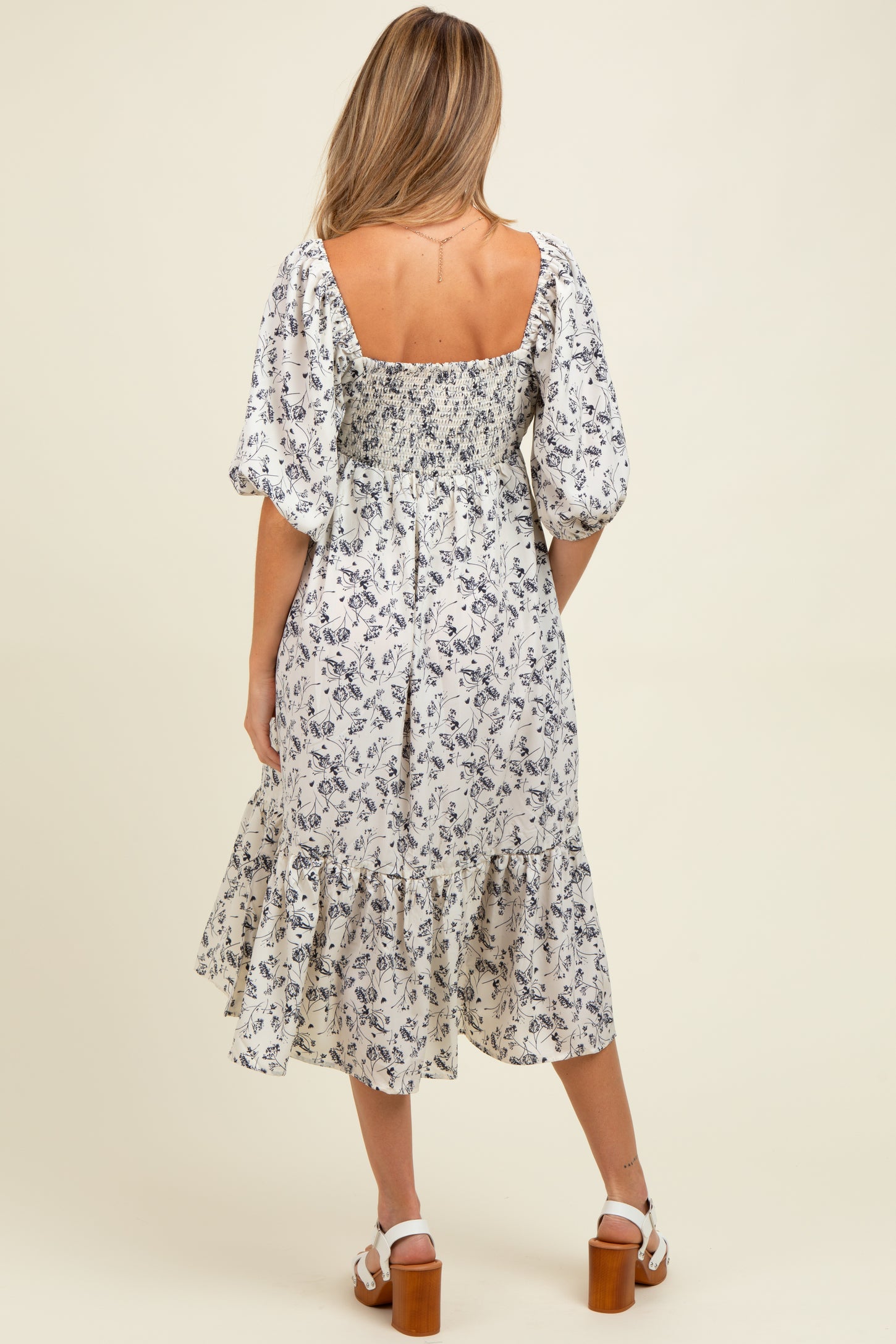 Ivory Floral Front Tie Puff Sleeve Maternity Midi Dress
