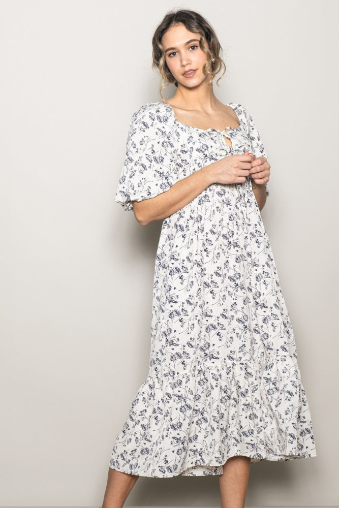 Ivory Floral Front Tie Puff Sleeve Midi Dress