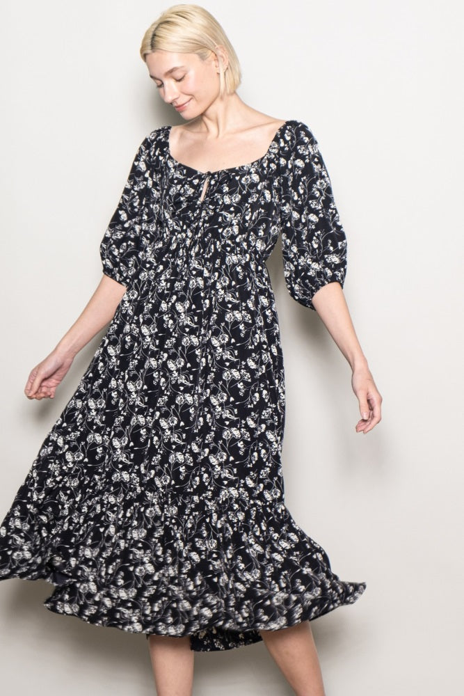 Black Floral Front Tie Puff Sleeve Midi Dress