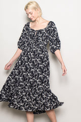 Black Floral Front Tie Puff Sleeve Midi Dress