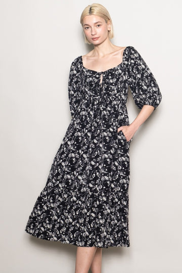 Black Floral Front Tie Puff Sleeve Midi Dress