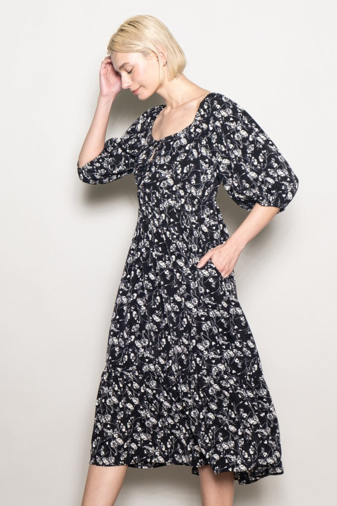 Black Floral Front Tie Puff Sleeve Midi Dress