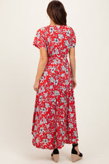 Red Floral Sash Tie Wrap Hi-Low Dress