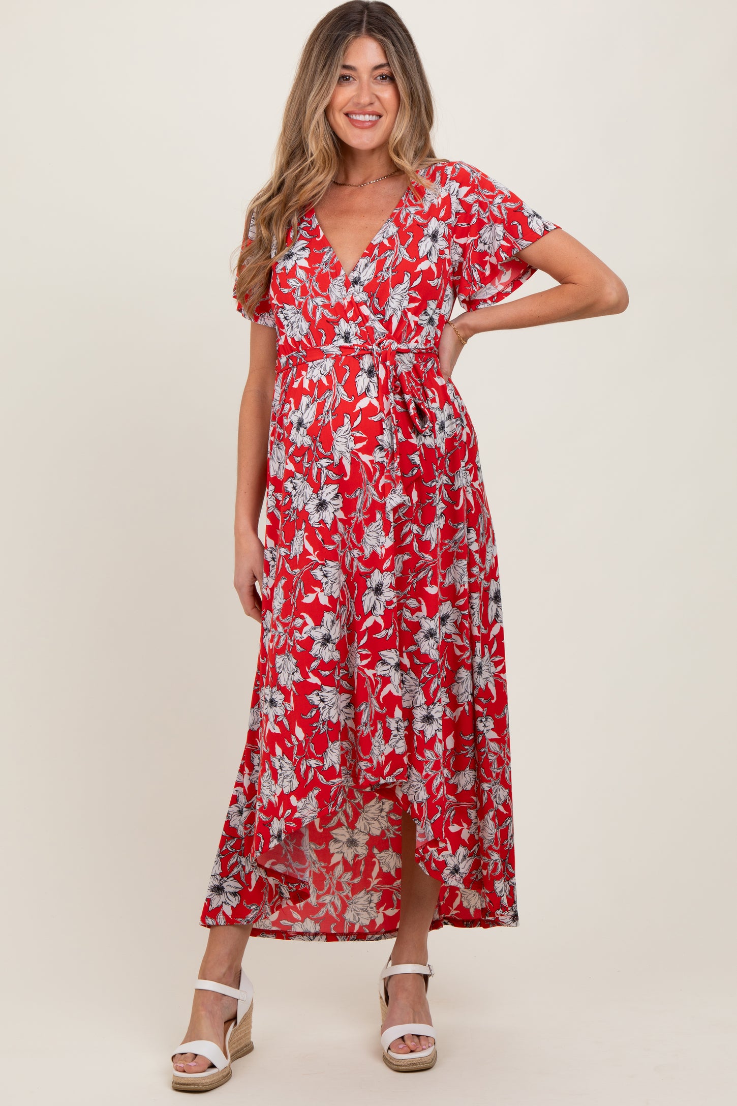 Red Floral Sash Tie Maternity Wrap Hi-Low Dress