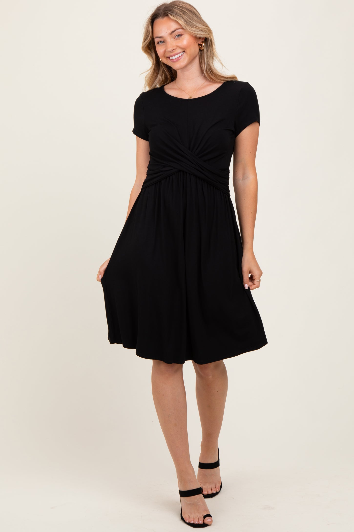 Black Twist Front Short Sleeve Dress