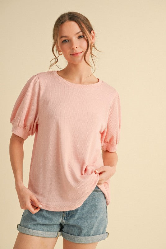 Light Pink Ribbed Puffed Sleeve Top