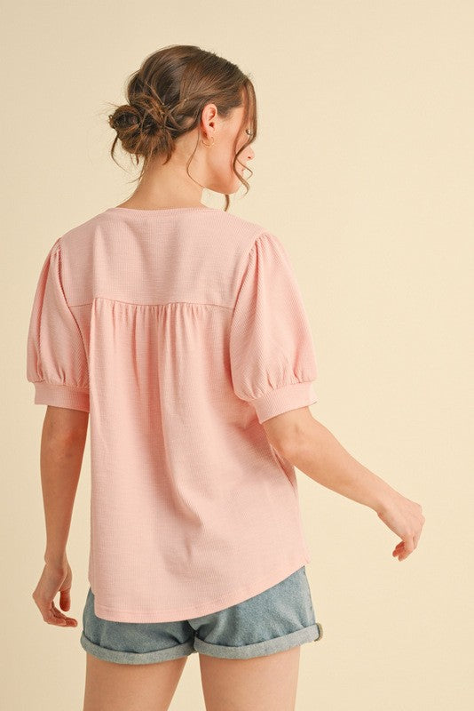 Light Pink Ribbed Puffed Sleeve Top