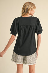Black Ribbed Puffed Sleeve Top