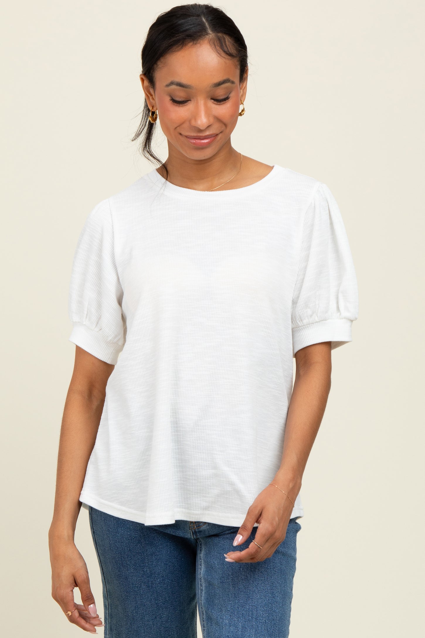 Ivory Ribbed Puffed Sleeve Top