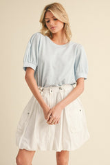Light Blue Ribbed Puffed Sleeve Top