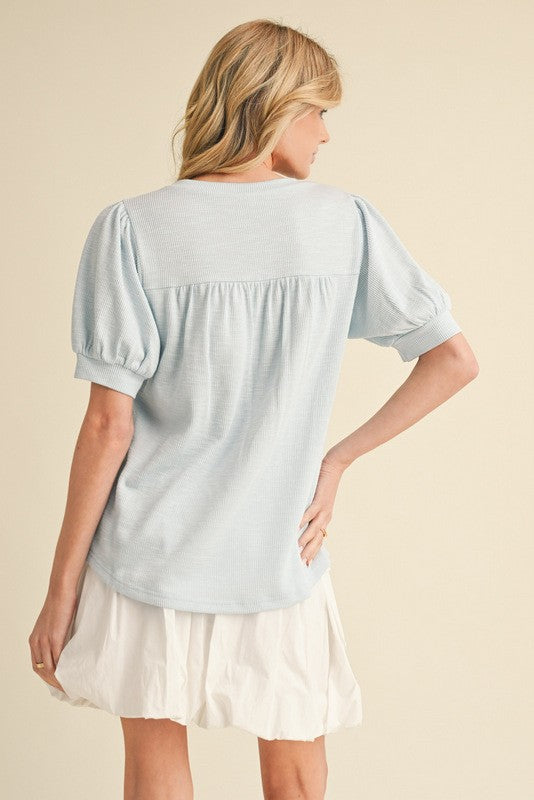 Light Blue Ribbed Puffed Sleeve Top