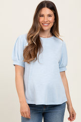 Light Blue Ribbed Puffed Sleeve Maternity Top
